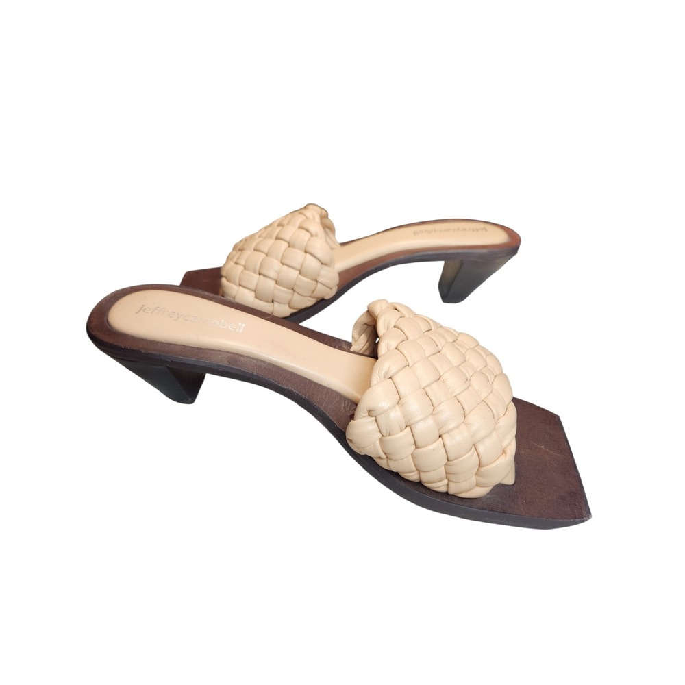 Jeffrey‎ Campbell Costello Woven Leather Slide Sandals Tan Cream Square Toe 8 39